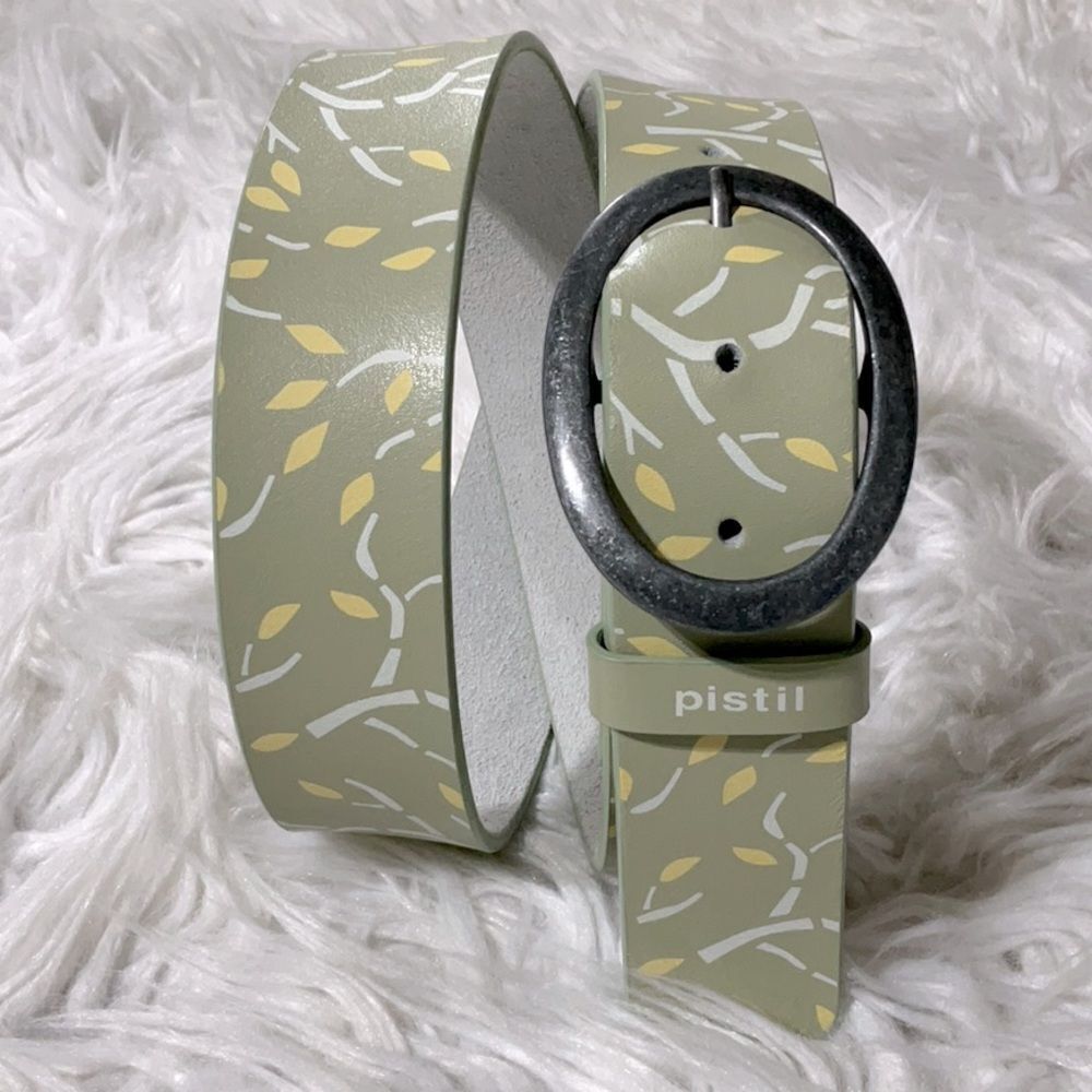 PISTIL leather belt novelty print antiqued silvertone buckle NWOT sz M - Picture 1 of 8